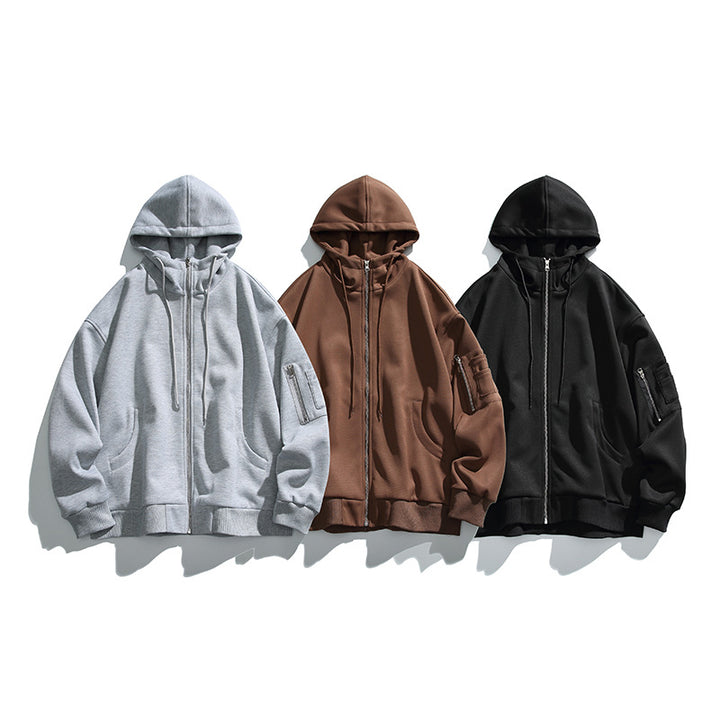 Unisex Oversize-Kapuzenjacke mit Frontreißverschluss, Ärmeltasche und geripptem Saum Drune
