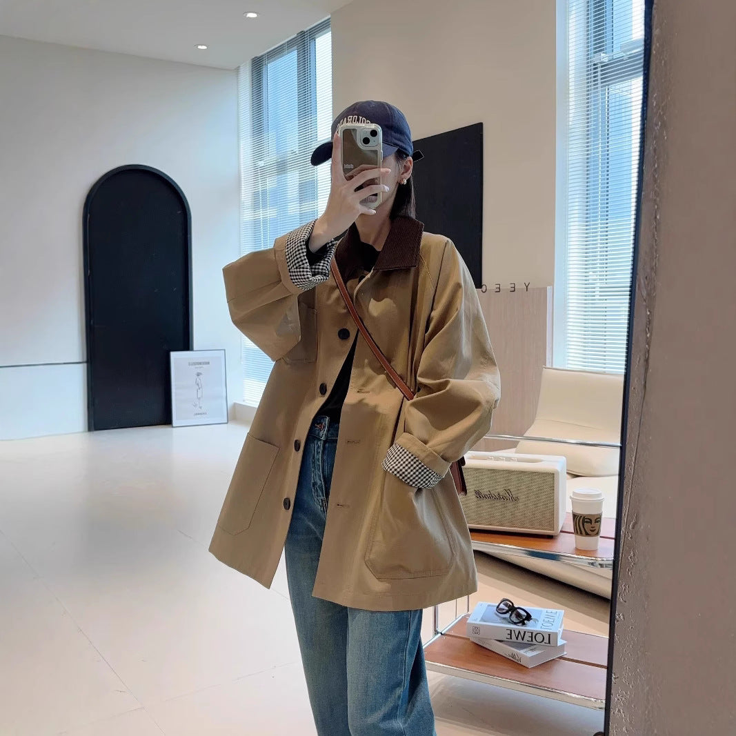 Damen Modische Oversized-Jacke mit kontrastierendem Kragen Drune