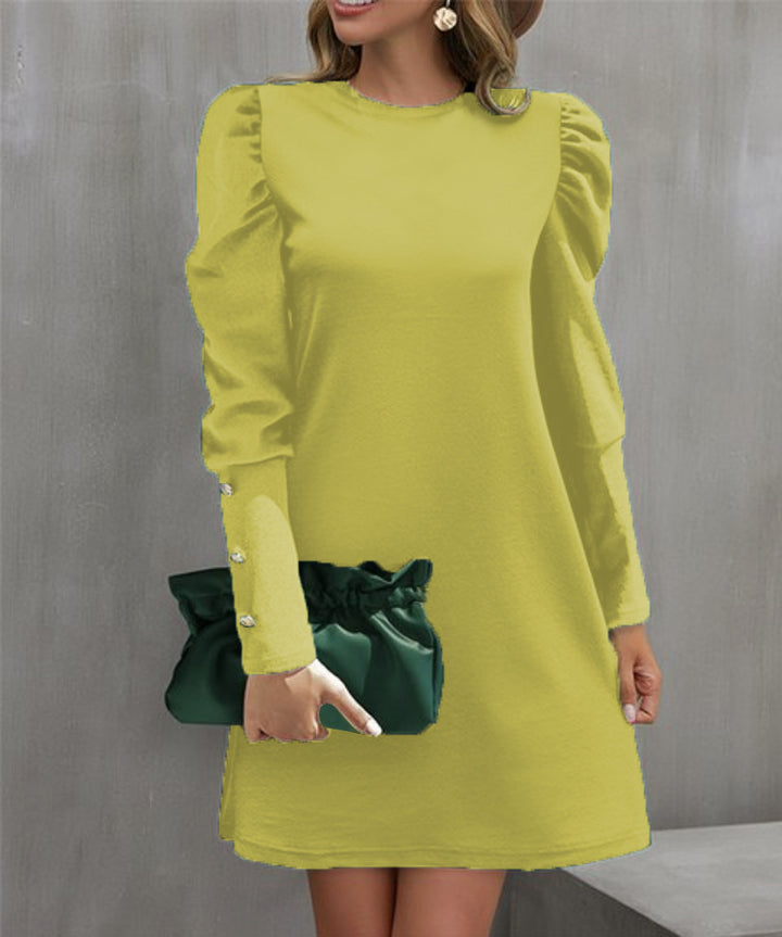 Damen Elegantes A-Linien-Minikleid mit betonten Puffärmeln und Perlenknopf-Ärmelmanschetten Drune