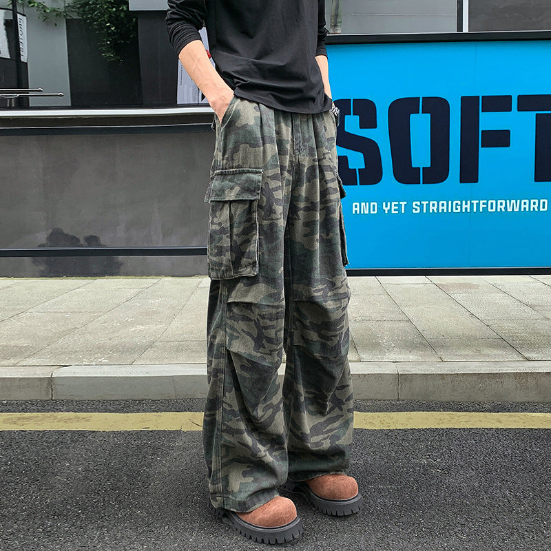Herren Weite Camouflage-Cargohose mit tiefem Schritt, Multi‑Taschen und elastischem Bund Drune