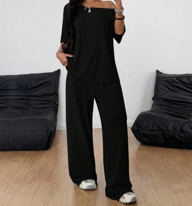 Damen Lässiges Lounge-Set aus weichem Jersey mit weiter Palazzohose und schulterfreiem Oversize-Top Drune