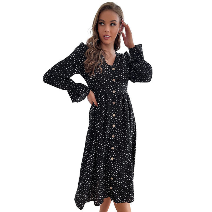 Damen Midi-Kleid mit V-Ausschnitt, Knopfleiste und geraffter Taillennaht Drune