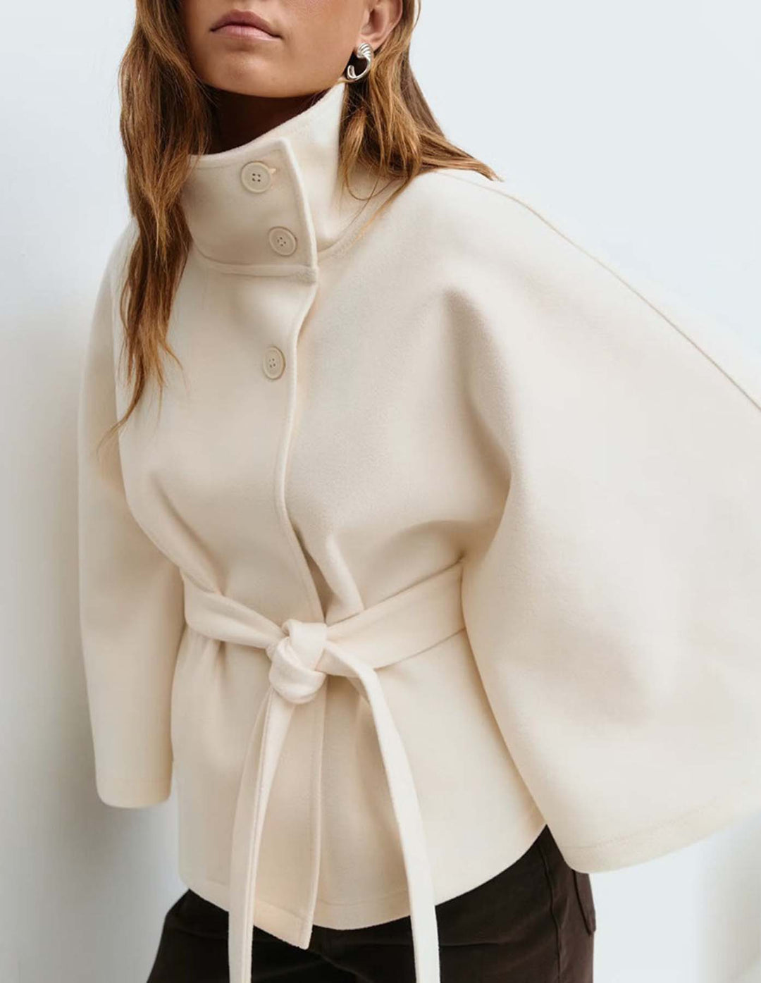 Damen Kurzcape-Mantel mit Stehkragen, Oversize-Ärmeln und Bindegürtel Drune