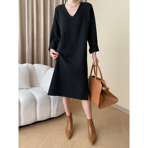 Damen lässiges Strickkleid mit V-Ausschnitt und eleganten Ärmelaufschlägen Drune