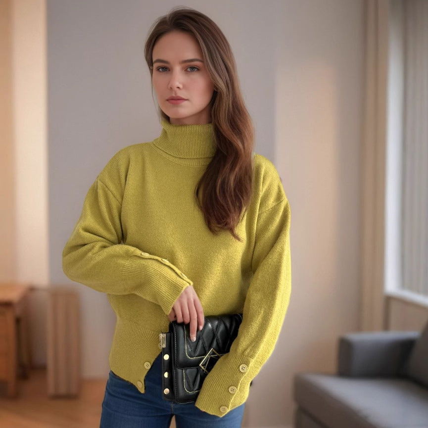 Damen gemütlicher Rollkragenpullover mit Knopfdetails Drune