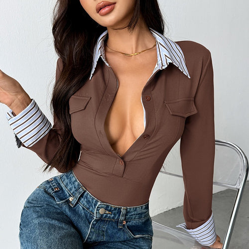 Damen Eleganter Body mit Hemdblusenkragen Drune