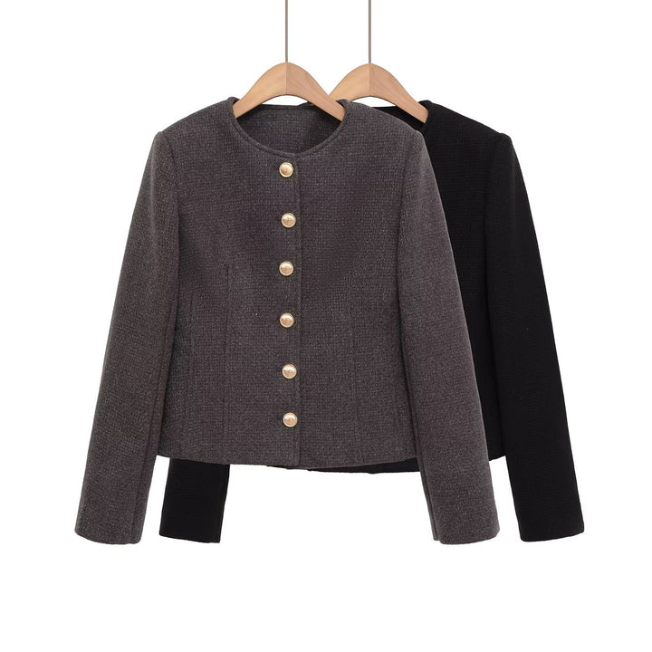 Damen Kurzblazer aus Bouclé mit Rundhals und goldenen Zierknöpfen Drune