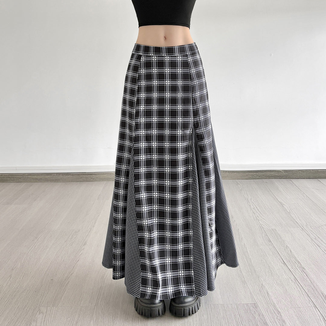 Damen Maxirock mit taillierter Passform, kontrastierenden Karopaneelen und ausgestellter Godet-Silhouette Drune