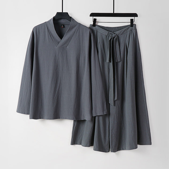 Damen Leichtes Leinen-Baumwoll Loungewear-Set mit V-Ausschnitt, weitem Midirock und Bindegürtel Drune