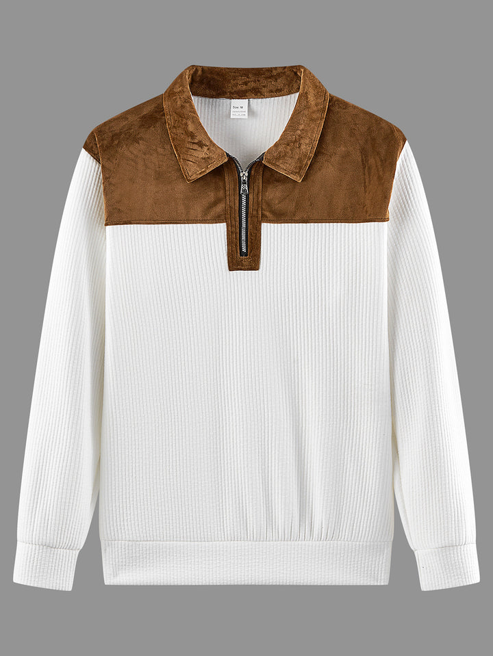 Unisex nan feinstrukturierter Strickpullover mit halbem Reißverschlusskragen und Samtbesatz Drune