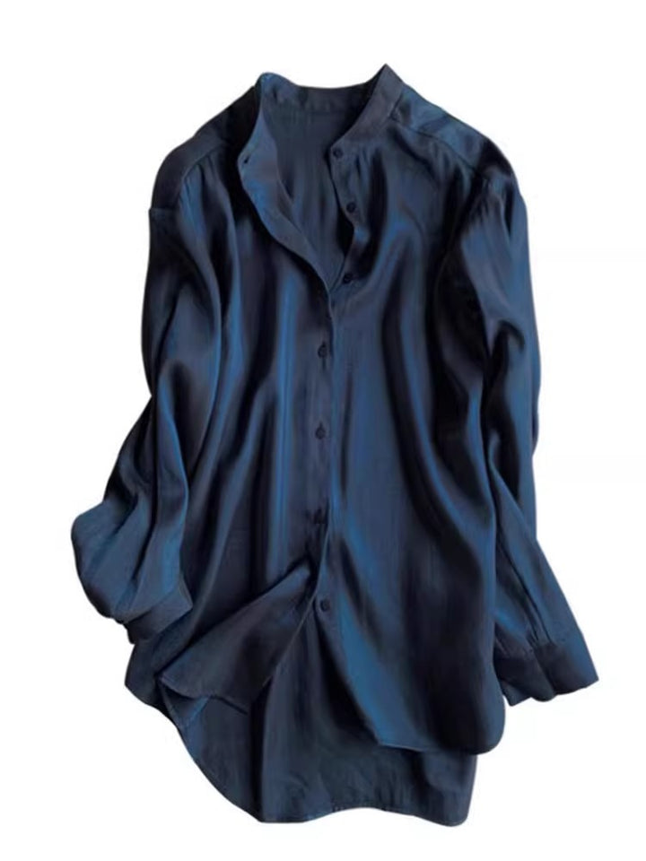Damen Elegante satinierte Bluse mit Stehkragen Drune