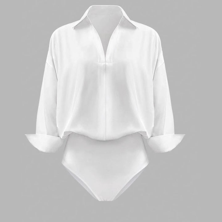 Damen Eleganter Hemdblusen-Body mit V-Ausschnitt, Oversize‑Schnitt und Umschlagmanschetten Drune
