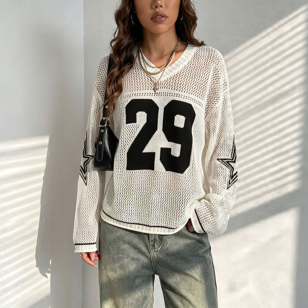 Damen Oversize Netz-Strick Cropped Pullover mit V-Ausschnitt Drune