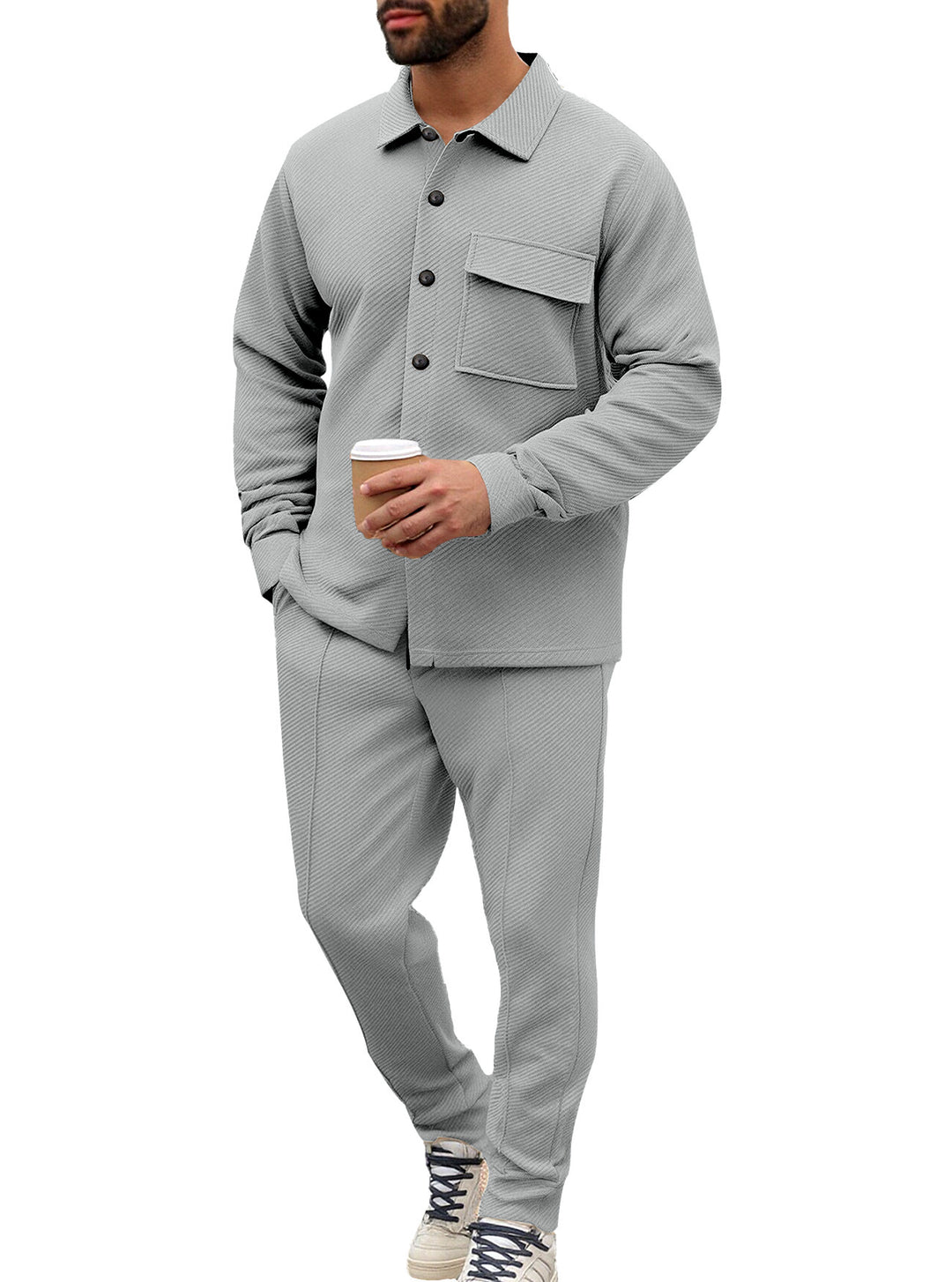 Herren Komfort-Zweiteiler Waffelstruktur-Hemdjacke mit Pattentasche und Relax-Bundhose Drune