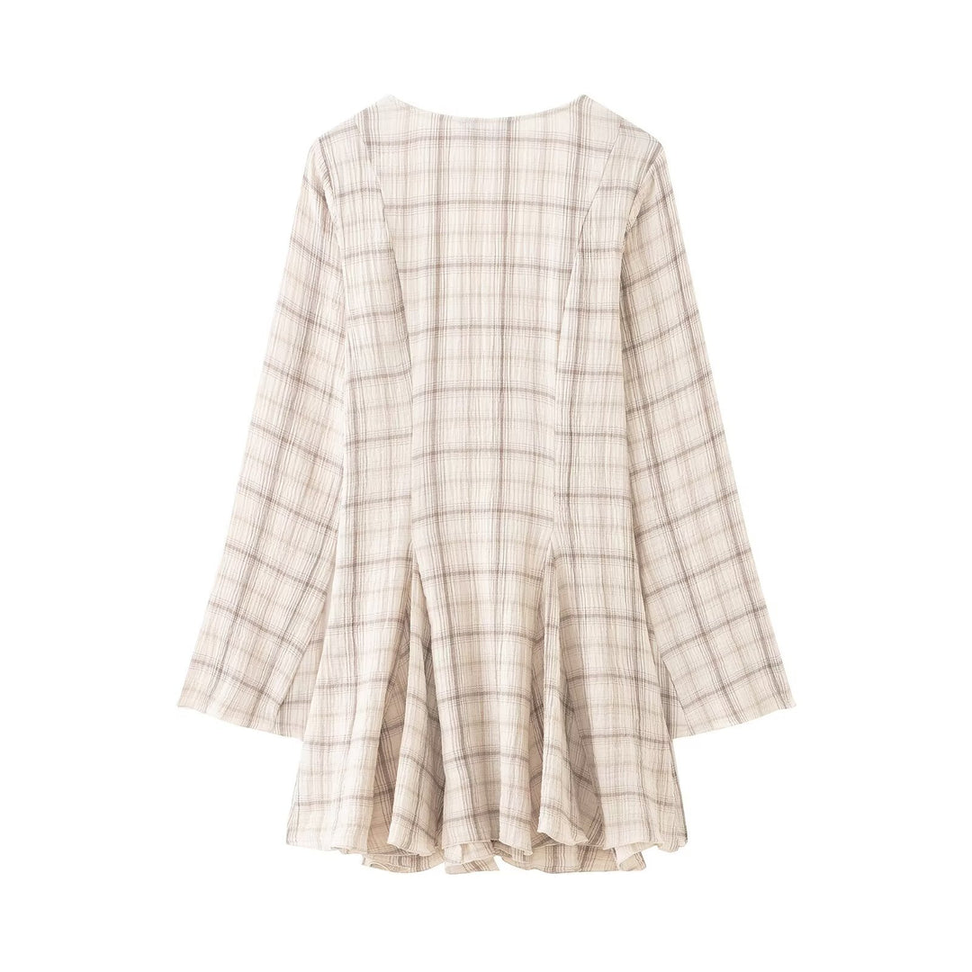Damen Leichtes V‑Ausschnitt Midikleid mit Karomuster, tailliertem Godet‑Rock und Crinkle‑Struktur Drune