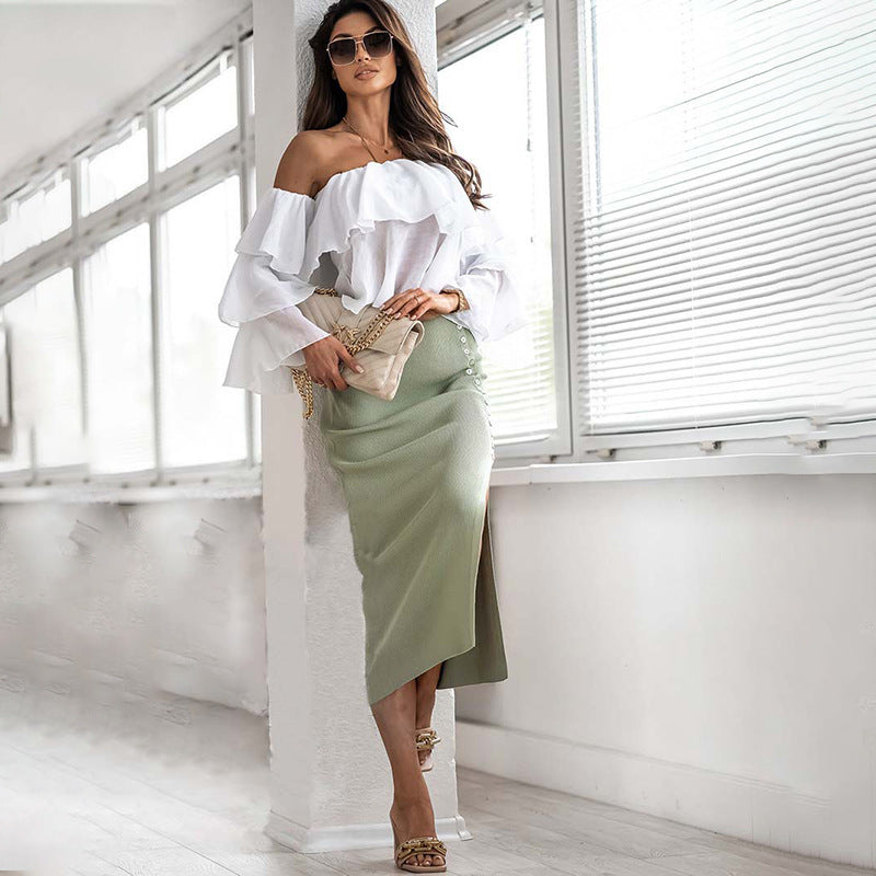 Damen Midi-Rock mit eleganten Knopfdetails und seitlichem Schlitz Drune