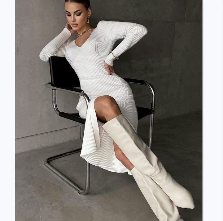 Damen Elegantes Strick-Maxikleid mit raffinierten Schnitt und figurbetontem Design Drune