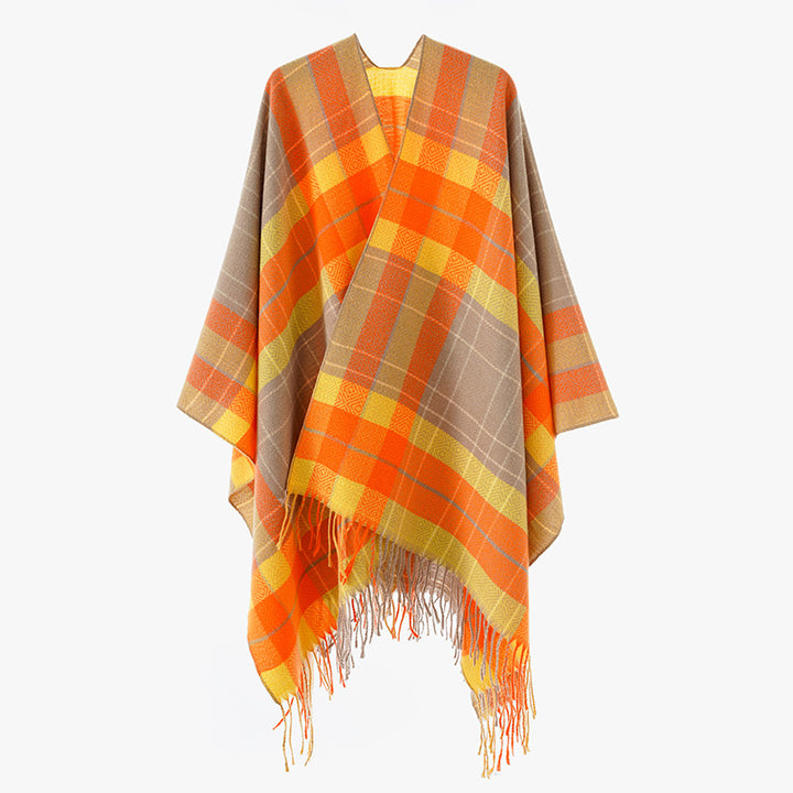 Damen Oversize-Kimono-Capeponcho im Karomuster mit Fransensaum Drune