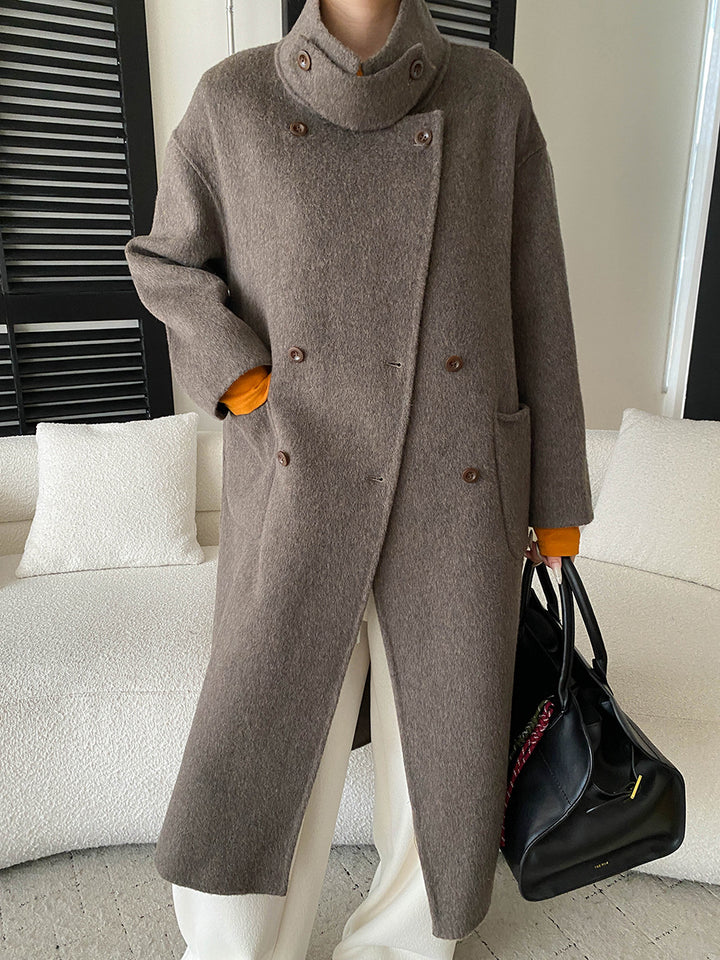 Damen eleganter Wollmantel mit doppelter Knopfleiste und Taillengürtel Drune