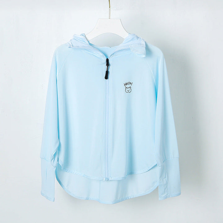 Damen nan leichte Kapuzen-Sonnenschutzjacke mit durchgehendem Reißverschluss, hohem Rückensaum und niedlichem Bärenprint  Drune