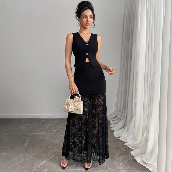 Damen nan zweiteiliges Abend-Set mit taillierter Weste und bodenlangem Spitzen-Overlay-Rock Drune