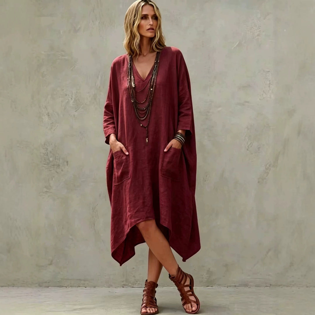 Damen nan Oversize Kaftankleid mit V-Ausschnitt, Eingrifftaschen und asymmetrischem Saum Drune