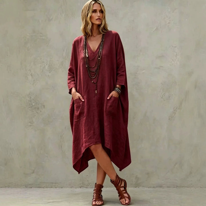 Damen nan Oversize Kaftankleid mit V-Ausschnitt, Eingrifftaschen und asymmetrischem Saum Drune