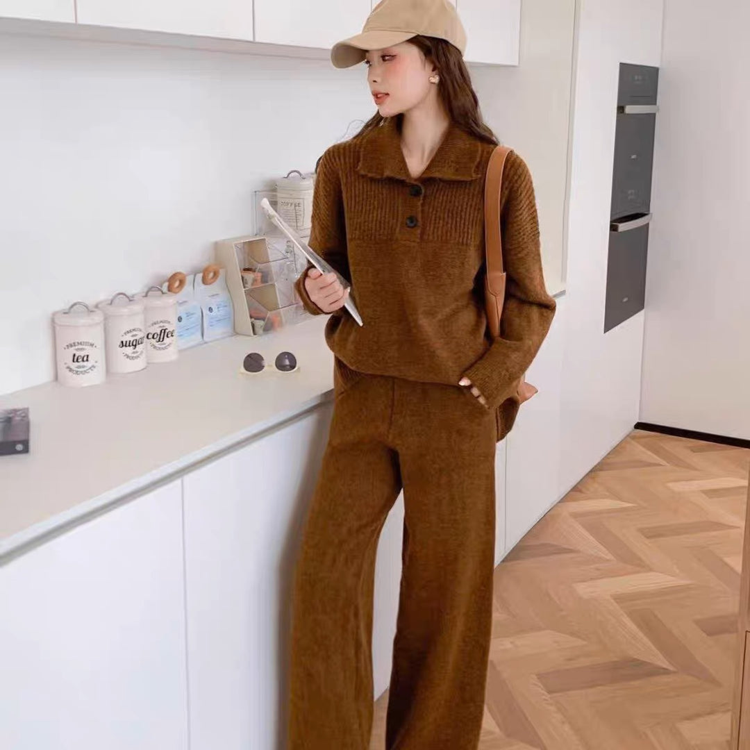 Damen Strickanzug mit dekorativen Knopfdetails und weitem Schnitt Drune