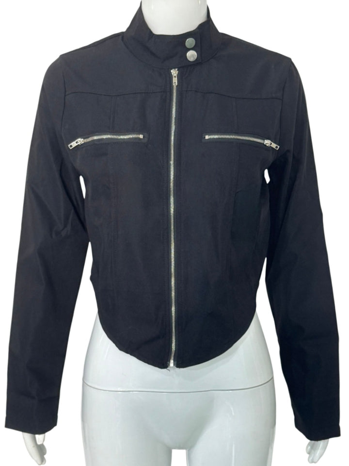 Damen Taillierte Bonded-Canvas-Bikerjacke mit Stehkragen und Brust-Reißverschlüssen Drune