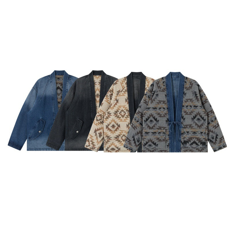 Unisex Jeans-Kimonojacke mit Bindegürtel und gemusterter Futterung Drune