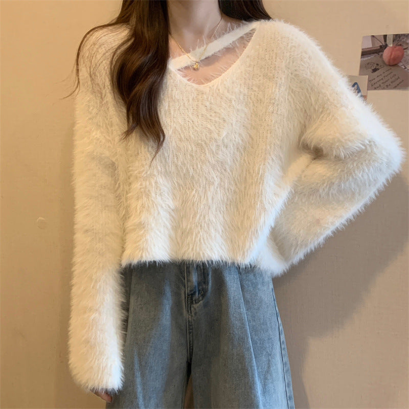 Damen Flauschiger Pulli mit lässigem Schnitt und tiefem V-Ausschnitt Drune