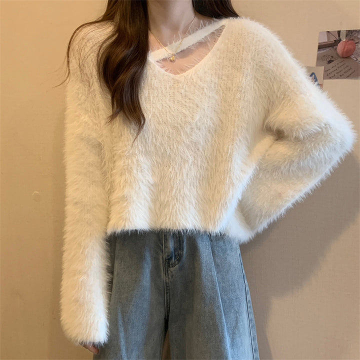 Damen Flauschiger Pulli mit lässigem Schnitt und tiefem V-Ausschnitt Drune