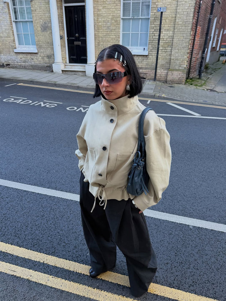 Damen Kurzgeschnittener Oversize-Canvas-Blouson mit Stehkragen Drune