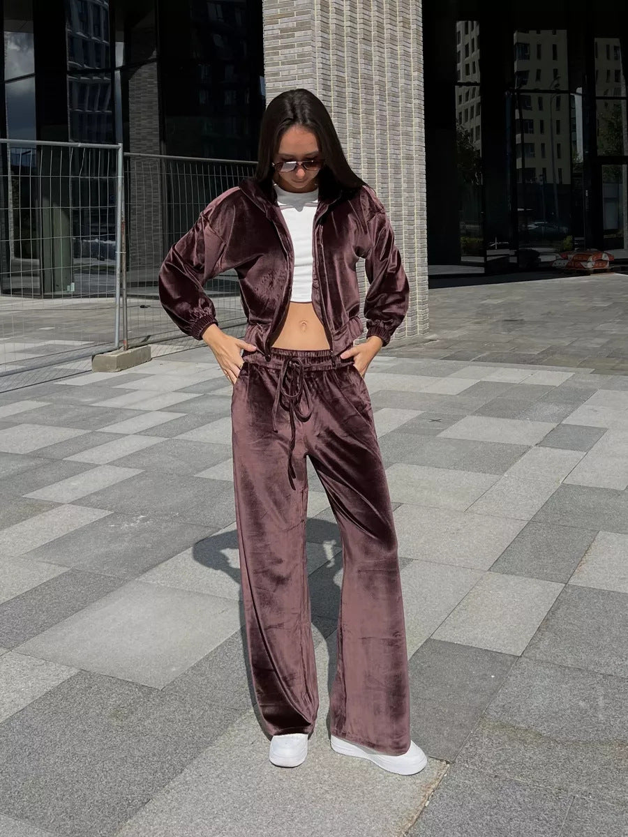 Damen weiches Velours-Lounge-Set mit kurzer Reißverschluss-Kapuzenjacke und weiter High-Waist-Hose Drune