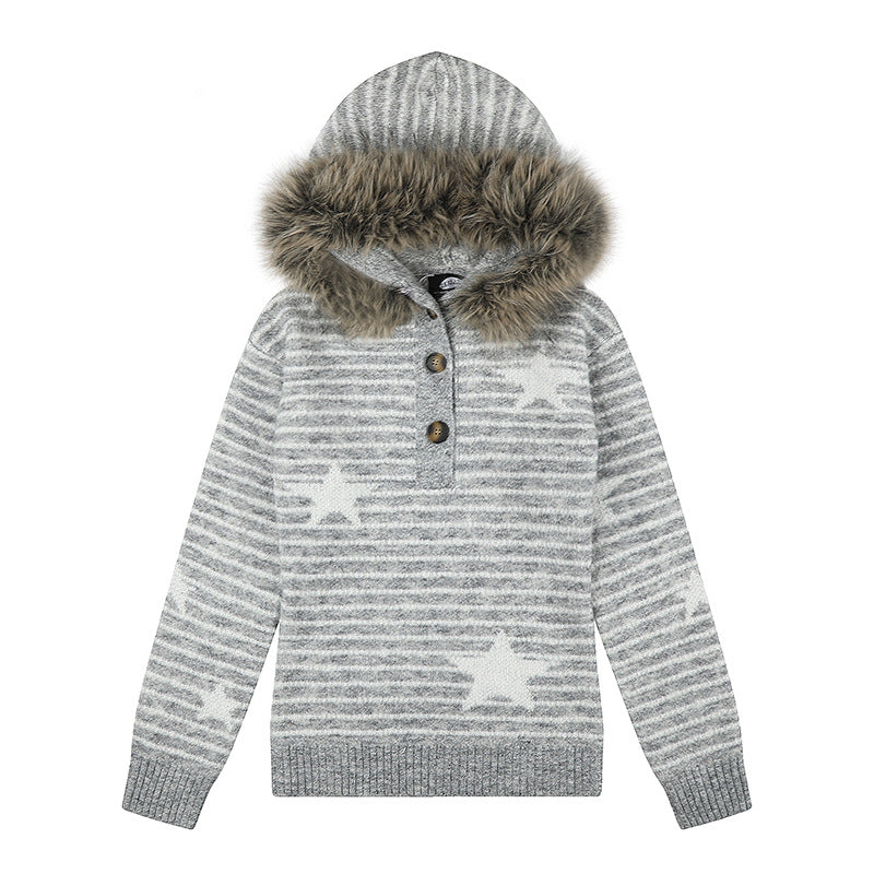 Damen Kapuzenpullover aus Feinstrick mit Kunstfellbesatz, Stern‑Streifenmuster und Knopfleiste Drune