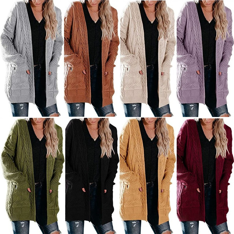 Damen Grobstrick Cardigan mit offenen Taschen und voluminösen Ärmeln Drune