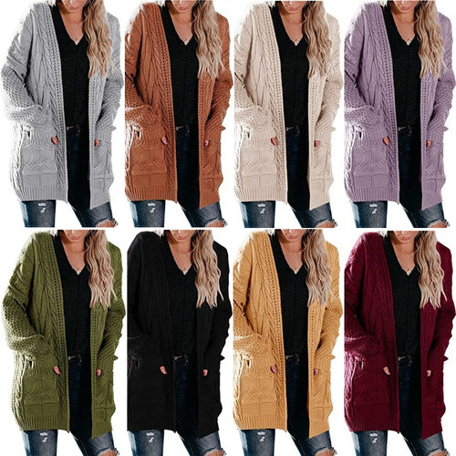 Damen Grobstrick Cardigan mit offenen Taschen und voluminösen Ärmeln Drune