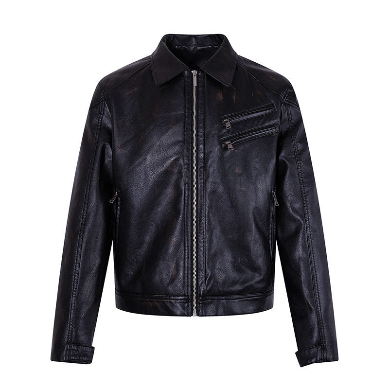 Herren Taillierte Bikerjacke aus Lederimitat mit Hemdkragen, Reißverschluss und diagonalen Brusttaschen Drune
