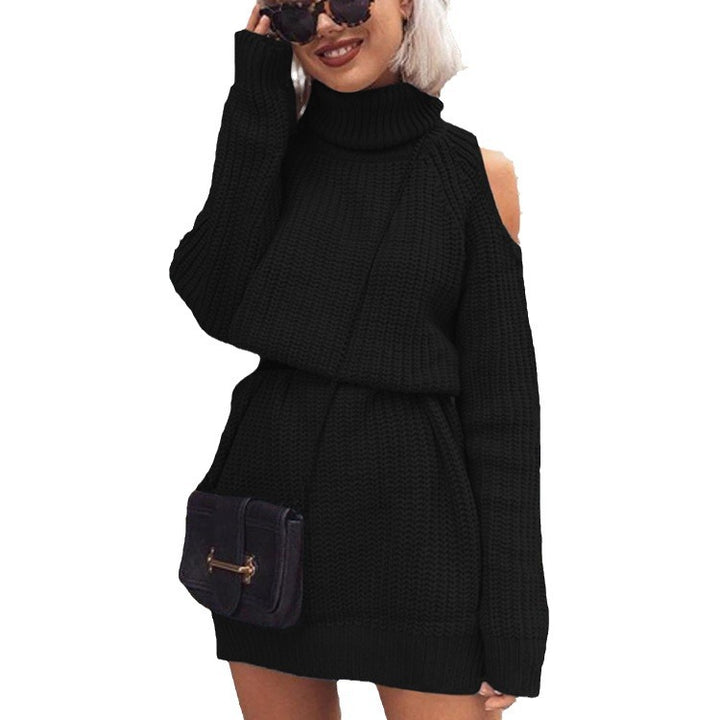 Damen Rollkragen Strickkleid mit offenen Schultern und Taillengürtel Drune