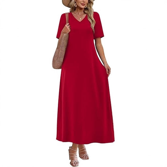 Damen Langes A-Linien-Maxikleid mit V-Ausschnitt, Kurzarm und Eingrifftaschen Drune