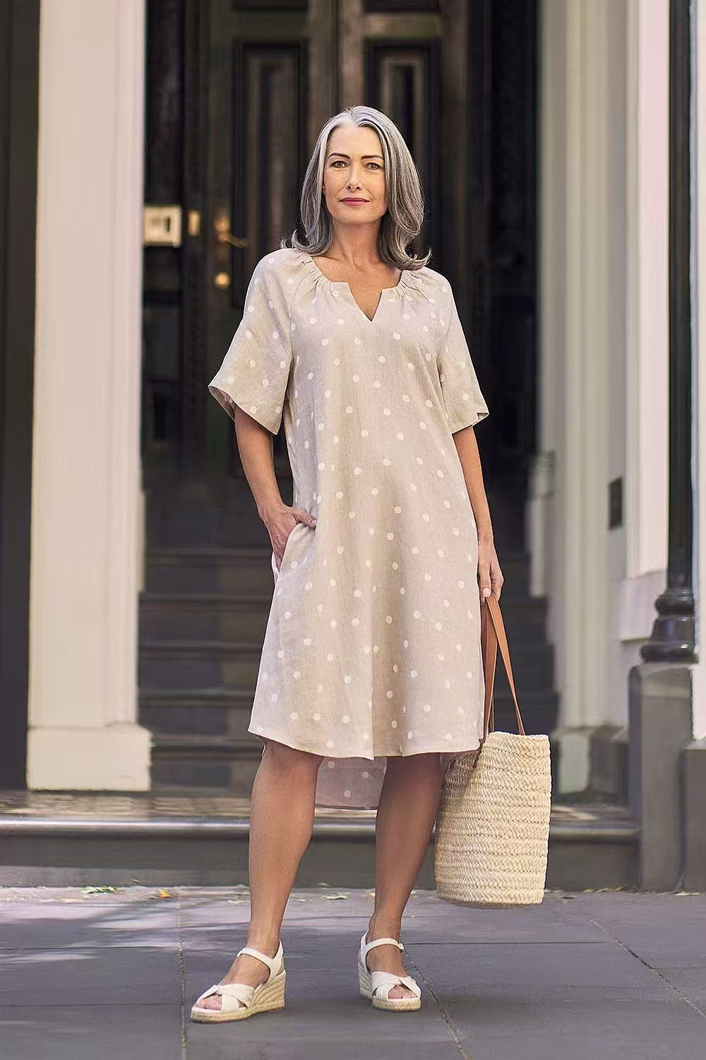 Damen nan lockeres A-Linien Leinenoptik-Kleid mit V-Ausschnitt, geraffter Schulterpartie und Eingrifftaschen Drune
