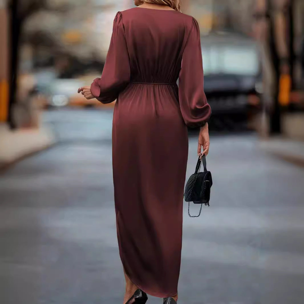 Damen nan tailliertes Drapé-Midikleid mit V-Ausschnitt Raffung Ballonärmeln und seitlichem Wickelschlitz Drune