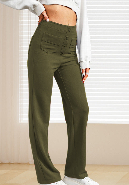 Damen elegante High-Waist-Hose mit Knopfdetails und praktischen Taschen Drune