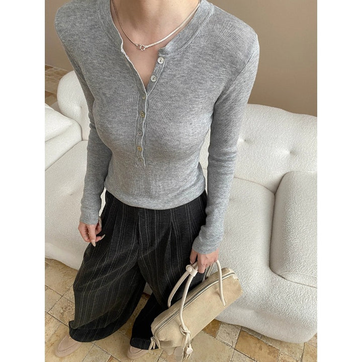 Damen Langarm-Henley-Shirt aus feinem Rippmaterial mit Knopfleiste Drune