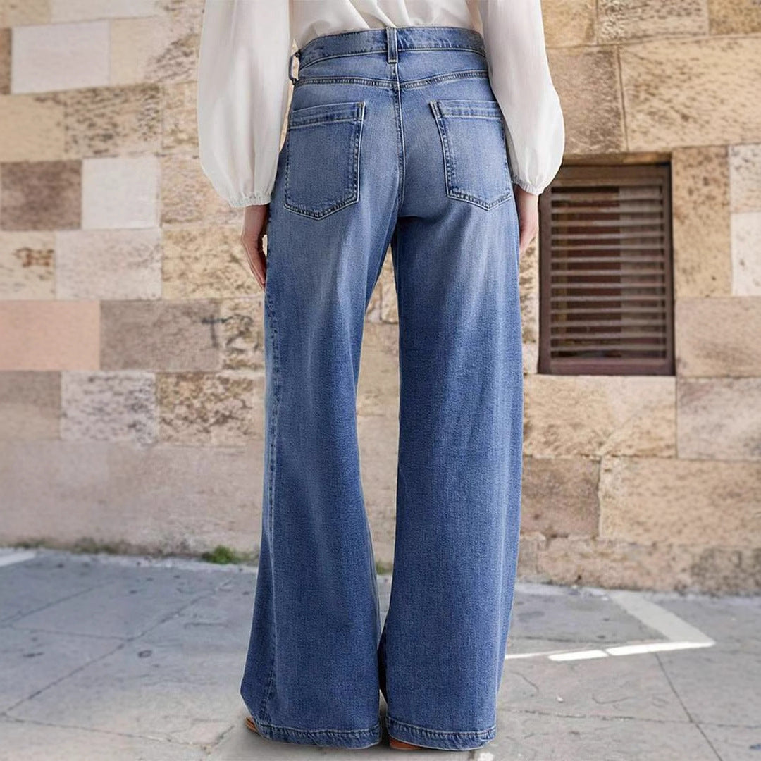 Damen weit geschnittene Jeanshose mit hohem Bund und eleganten Nähdetails Drune