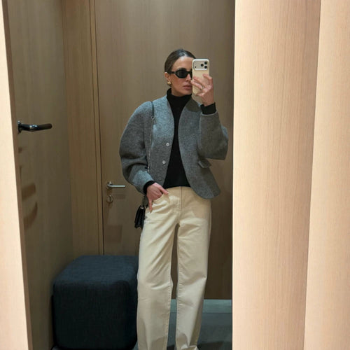 Damen Kurze Wolljacke mit Ballonärmeln und kastiger Silhouette Drune