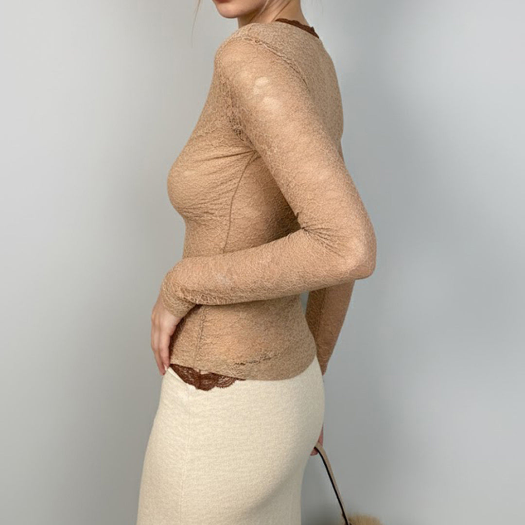 Damen Transparentes Spitzen-Bodyshirt mit V-Ausschnitt und figurbetonter Taillennaht Drune