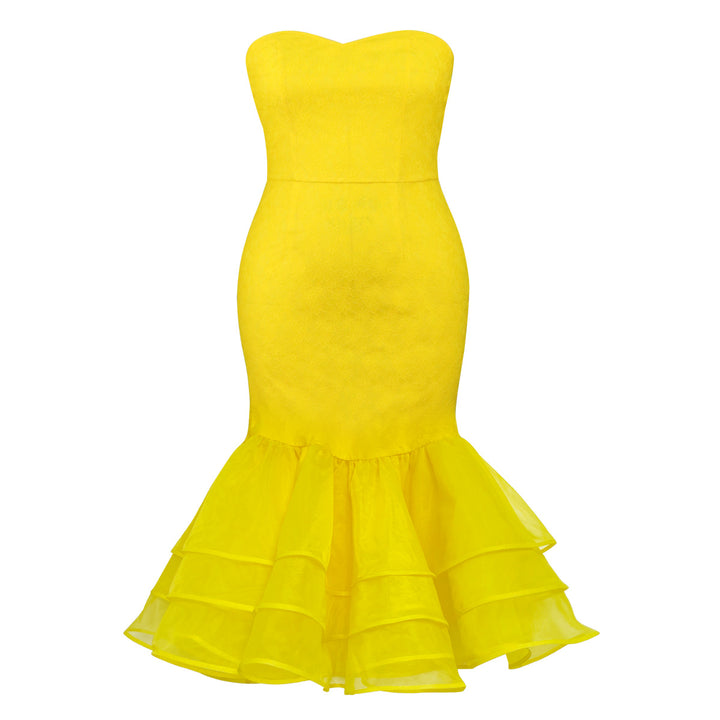 Damen Abendkleid mit schulterfreiem Oberteil und voluminösem Volantsaum Drune
