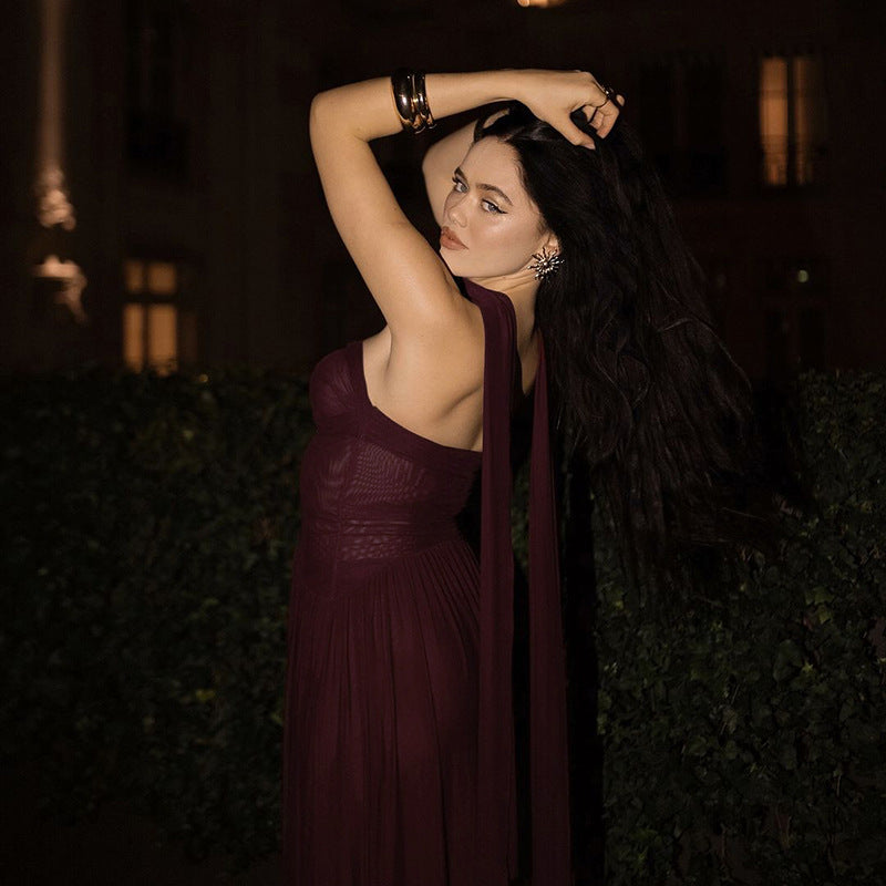 Damen elegantes schulterfreies Maxikleid mit fließendem Rock und raffinierter Drapierung Drune