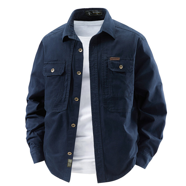 Herren nan robustes Baumwoll-Canvas-Overshirt mit aufgesetzten Klappentaschen, verstärkten Nähten und entspannter Passform Drune